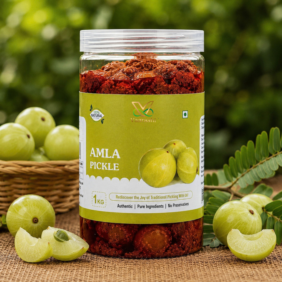 Vaaraahi Amla Pickle 1kg jar with fresh Indian gooseberries