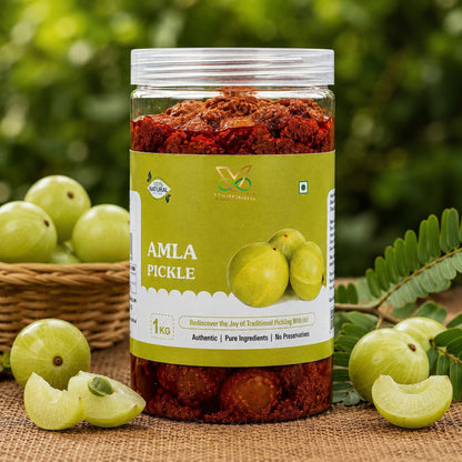 Vaaraahi Amla Pickle 1kg jar with fresh Indian gooseberries