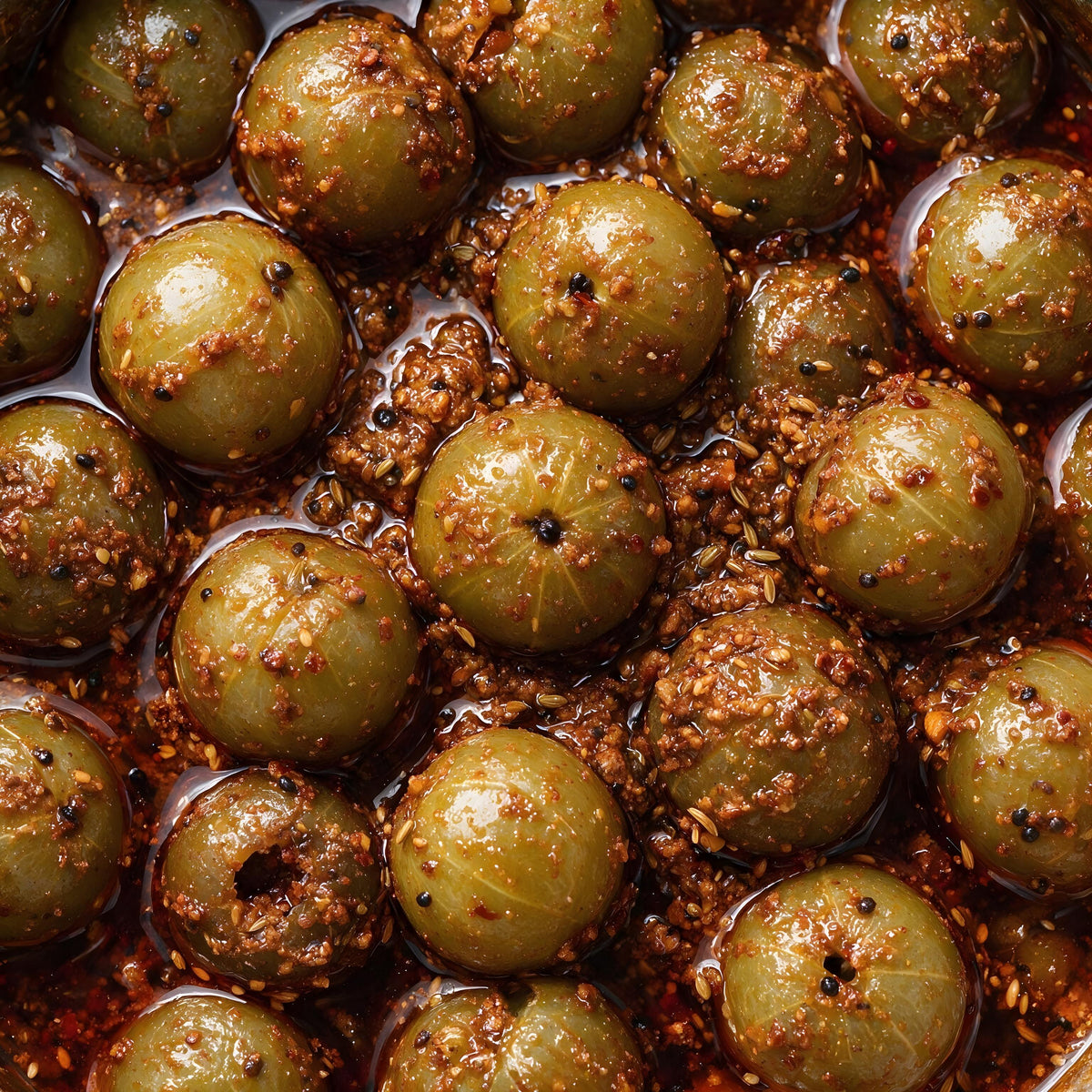 Close-up of Vaaraahi Amla Pickle with whole amla coated in traditional spices