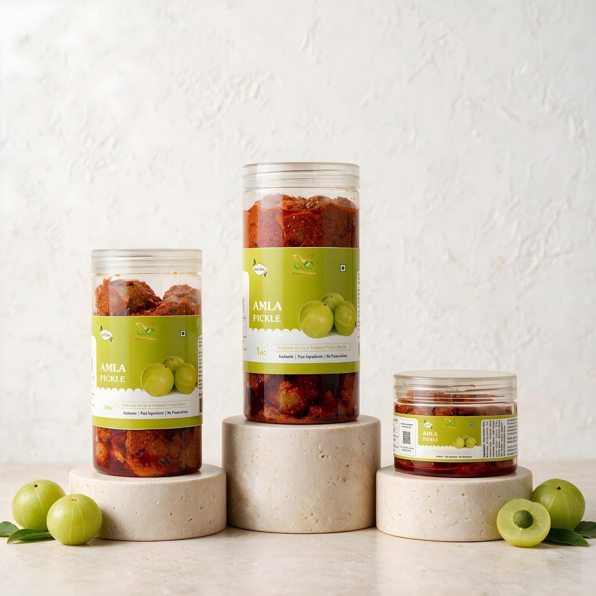 Vaaraahi Amla Pickle jars in different pack sizes with fresh amla