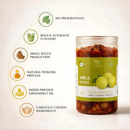 Vaaraahi Amla Pickle highlighting no preservatives, small-batch preparation and wood-pressed groundnut oil