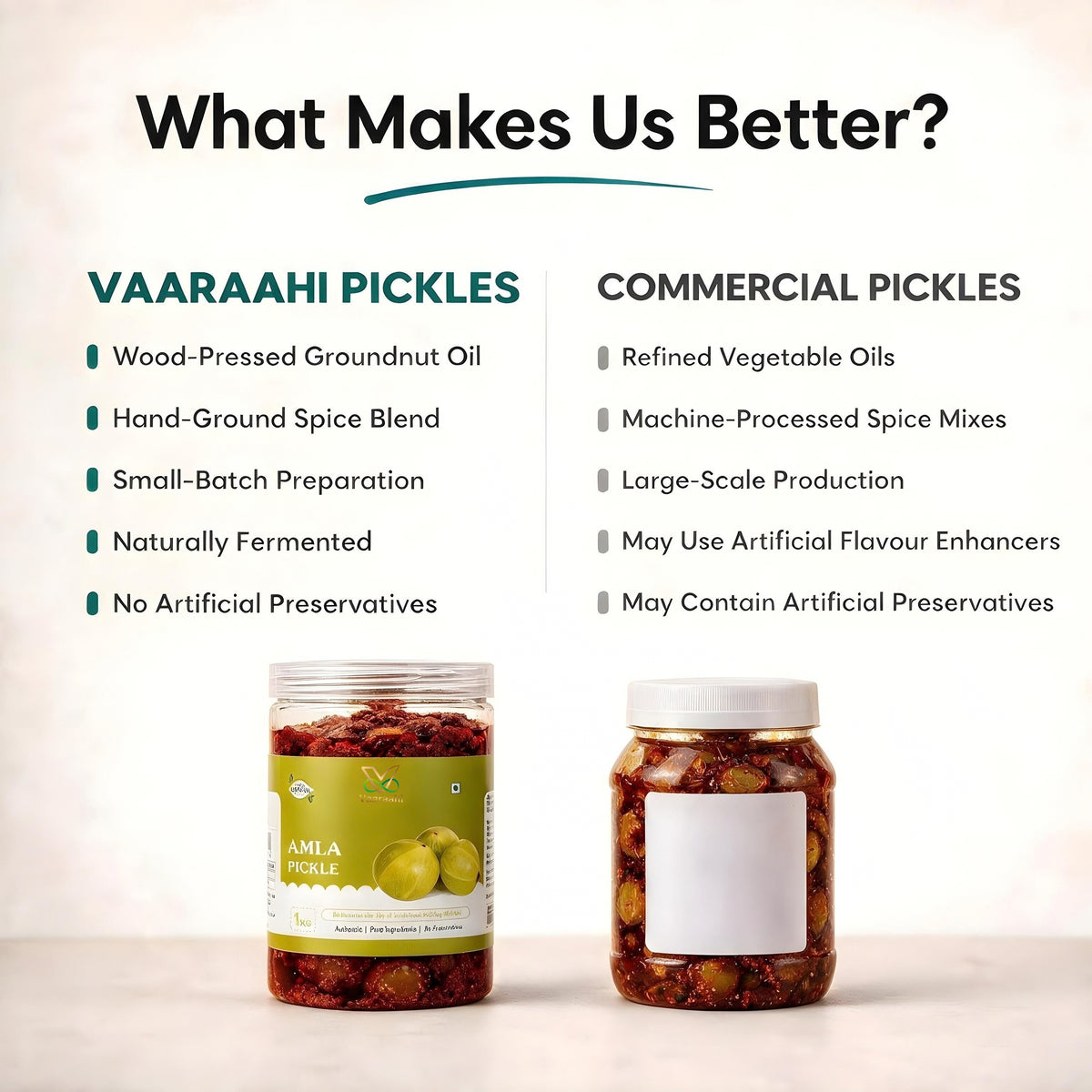 Vaaraahi Pickles quality comparison highlighting traditional small-batch preparation