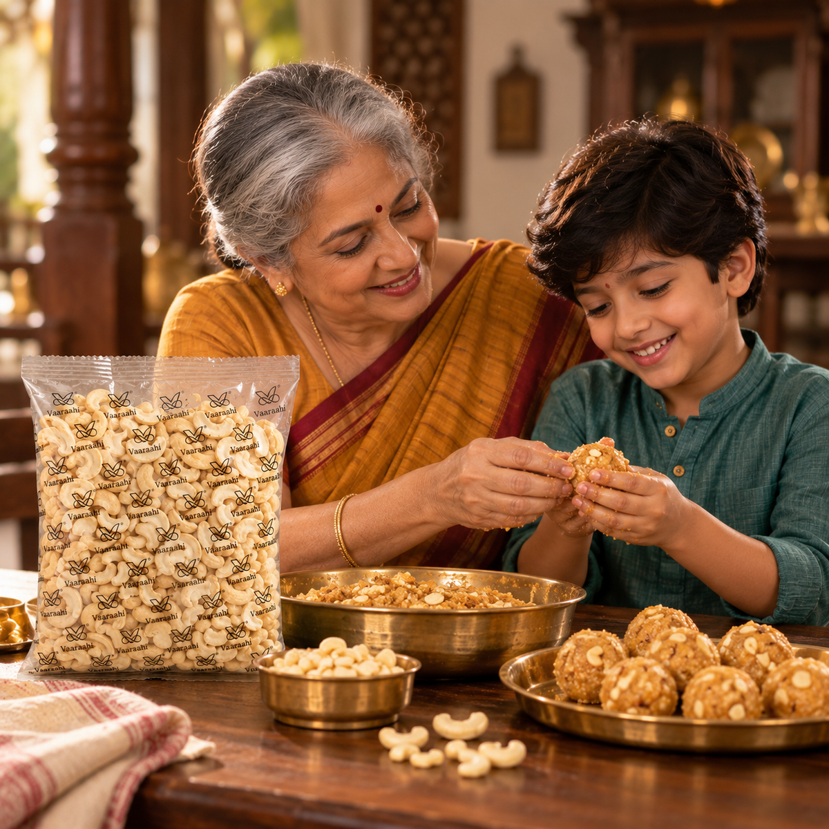 Grandmother and grandson using Vaaraahi Cashew Nut Pieces(2) while making a traditional Indian sweet