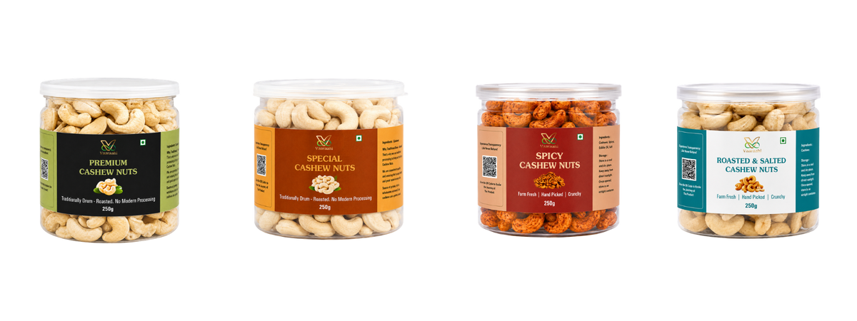 Vaaraahi Premium, Special, Spicy, and Roasted & Salted Cashew Nuts in 250g jars.