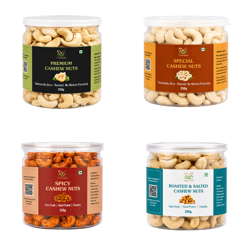 Vaaraahi Premium, Special, Spicy, and Roasted & Salted Cashew Nuts in 250g jars.