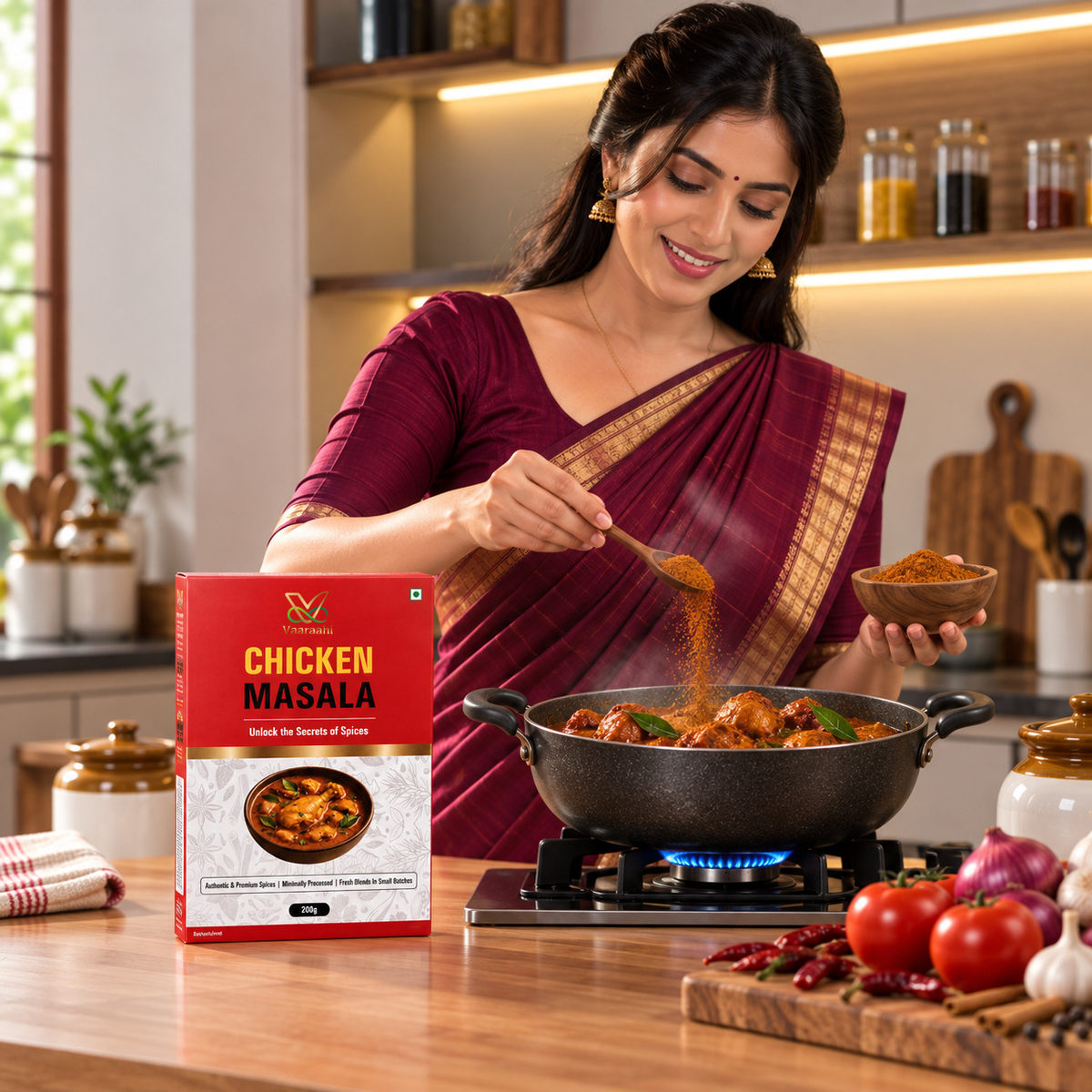 Vaaraahi Chicken Masala used to prepare chicken curry in a modern kitchen