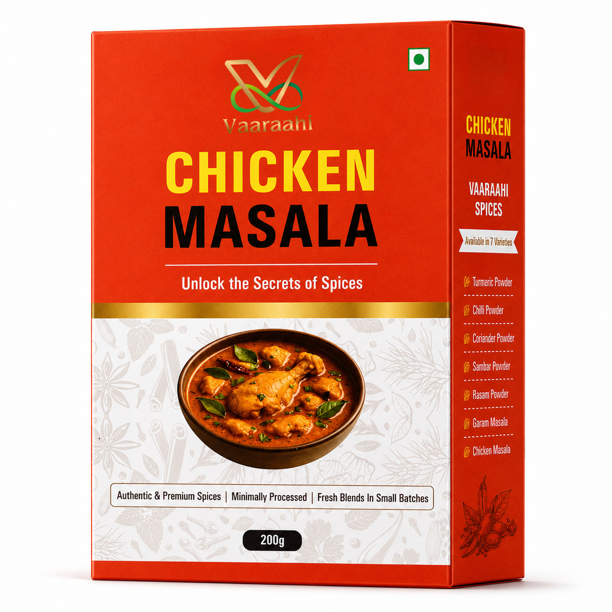Vaaraahi Chicken Masala 200g packshot showing front and side of the box