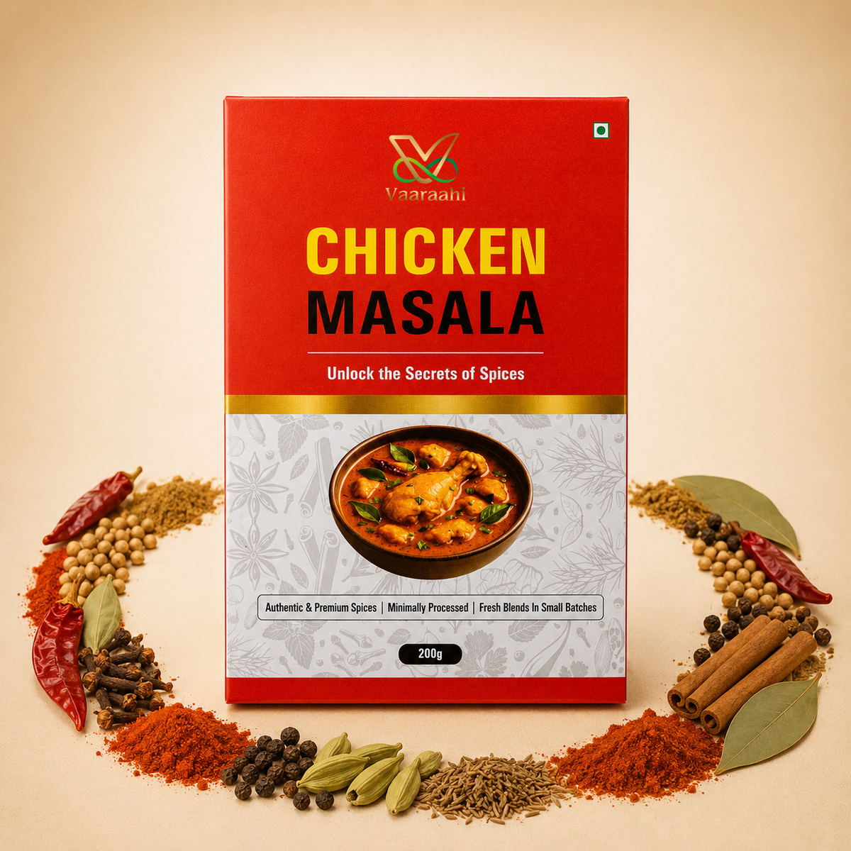 Vaaraahi Chicken Masala 200g with whole spices and chicken curry