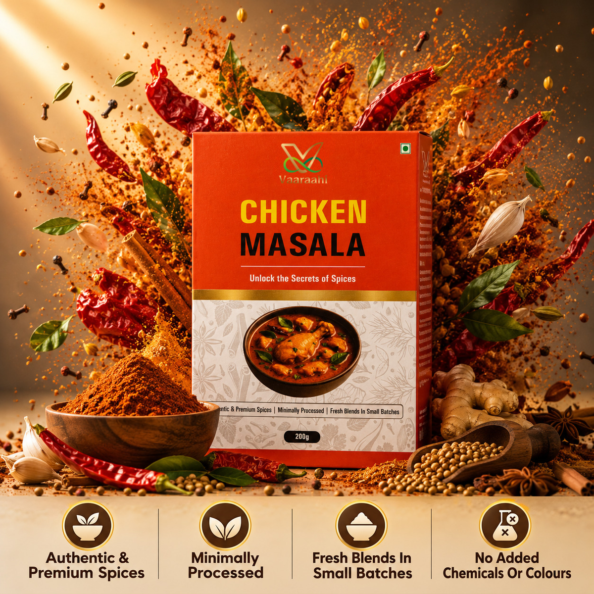 Vaaraahi Chicken Masala with aromatic spices and product features