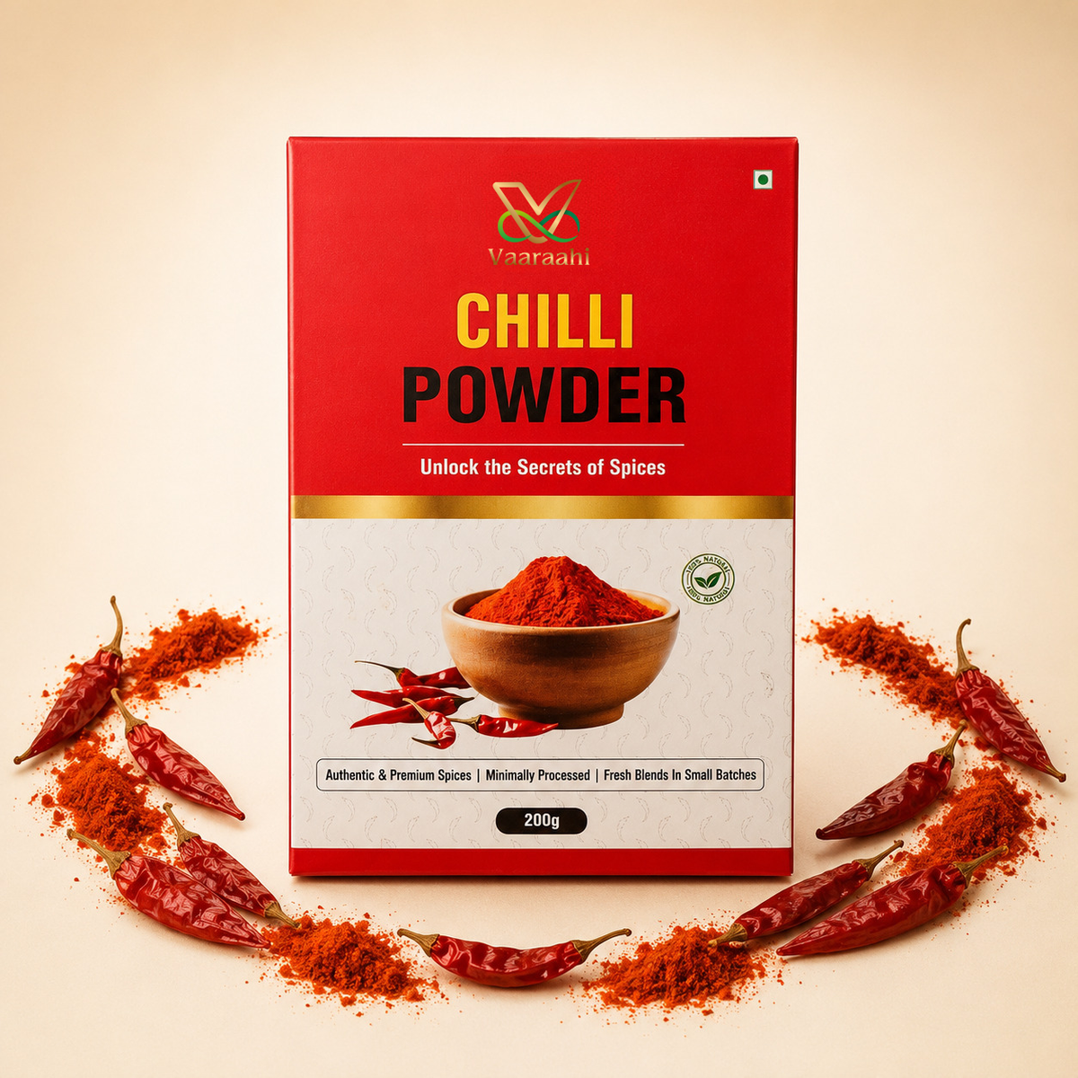 Vaaraahi Chilli Powder 200g with red chillies and chilli powder