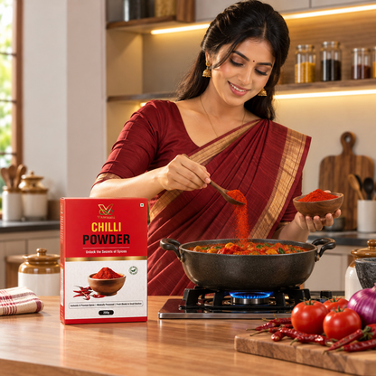 Vaaraahi Chilli Powder being added to a dish in a modern Indian kitchen