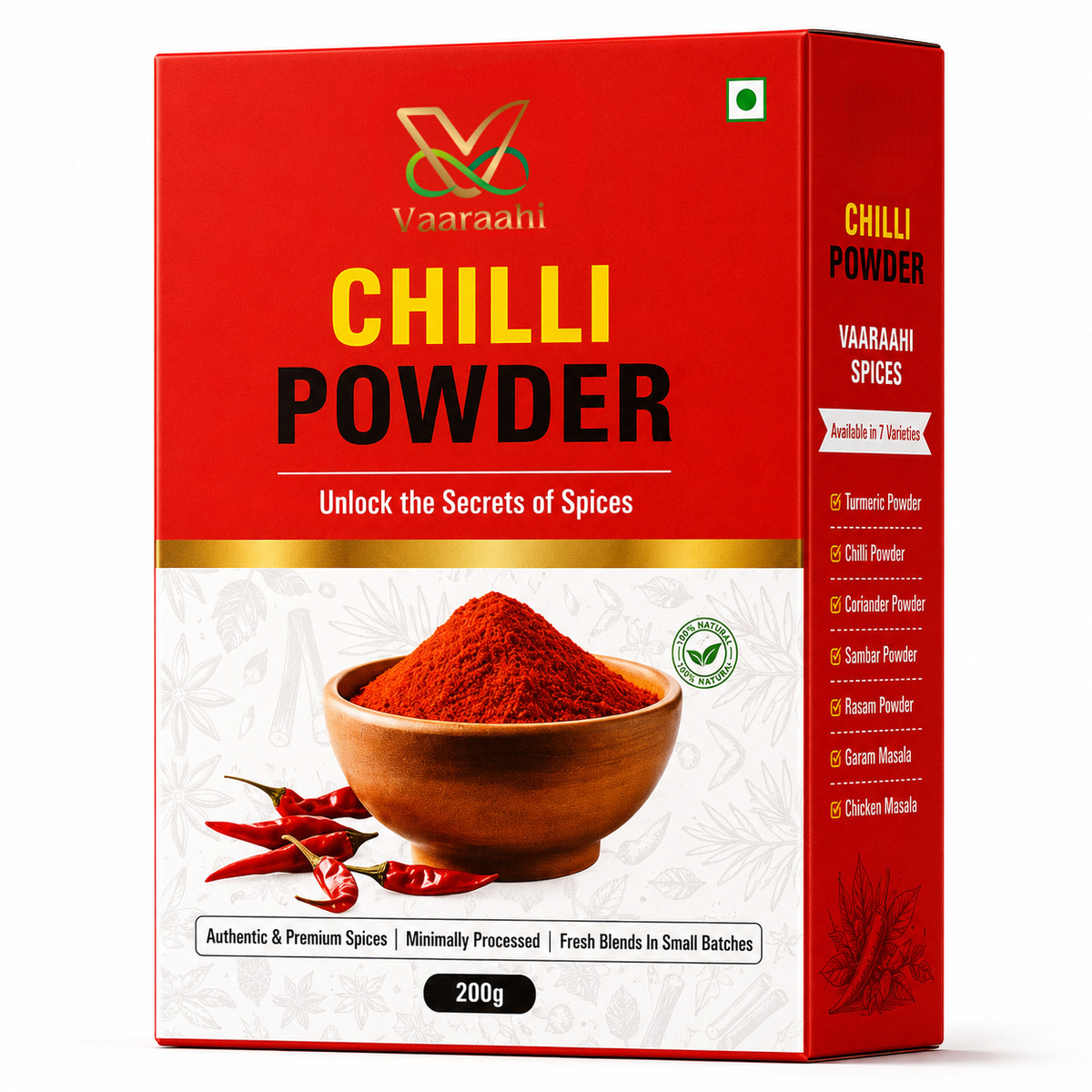 Vaaraahi Chilli Powder 200g box front and side view