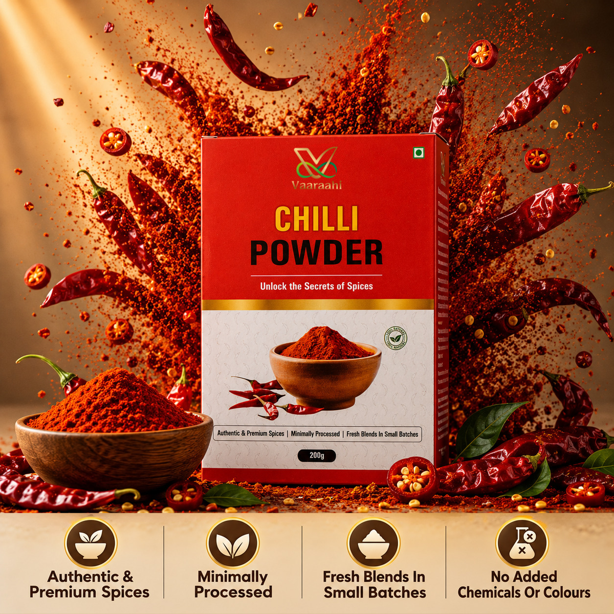 Vaaraahi Chilli Powder with red chillies, chilli powder and product features