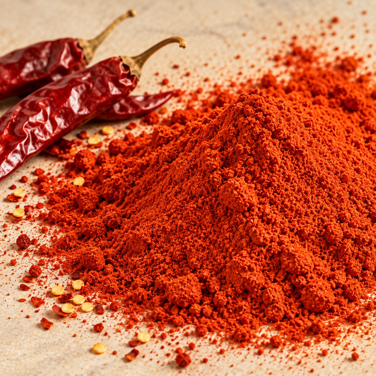 Close-up of Vaaraahi Chilli Powder showing its fine texture with dried red chillies