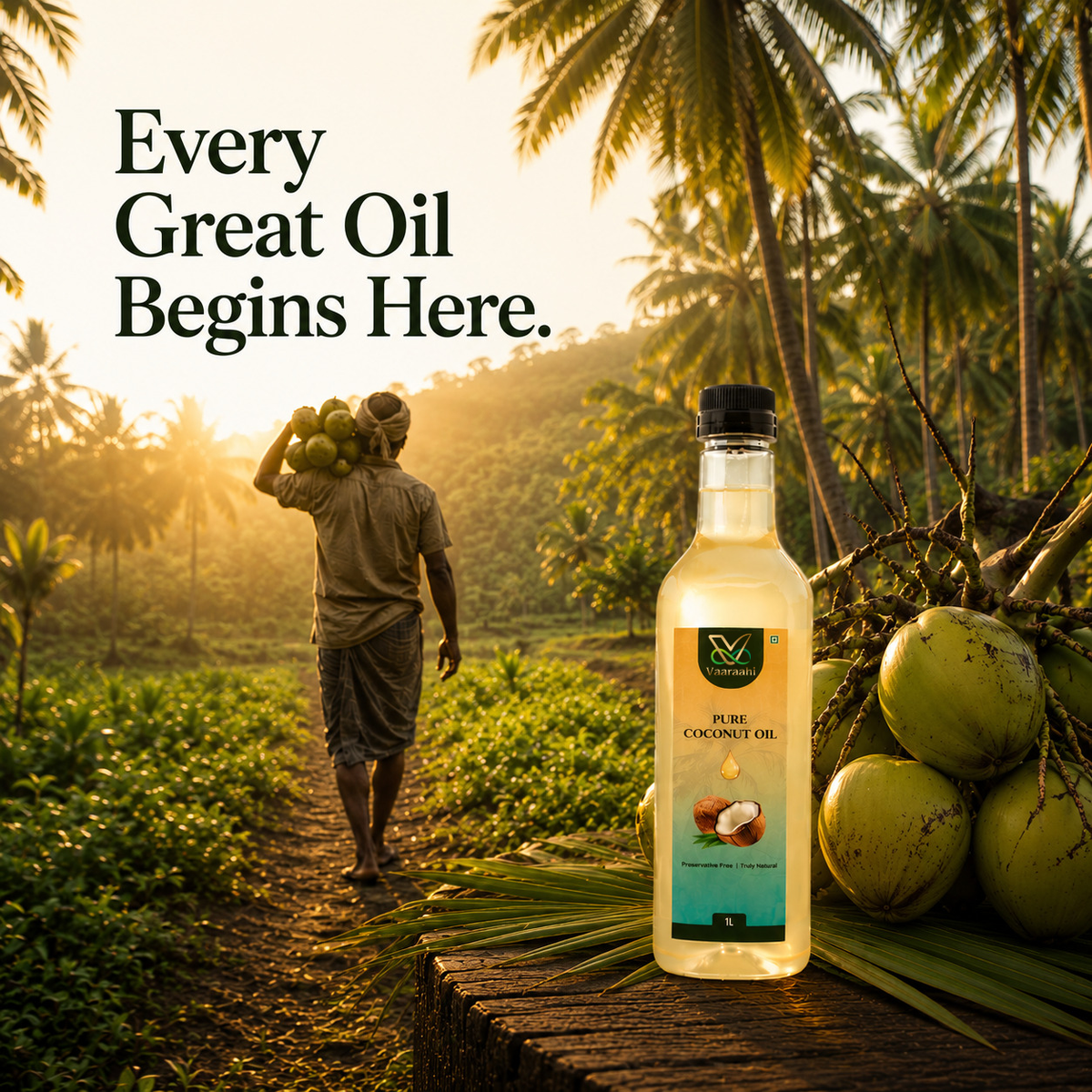 Coconut farmer carrying coconuts through a tropical coconut plantation