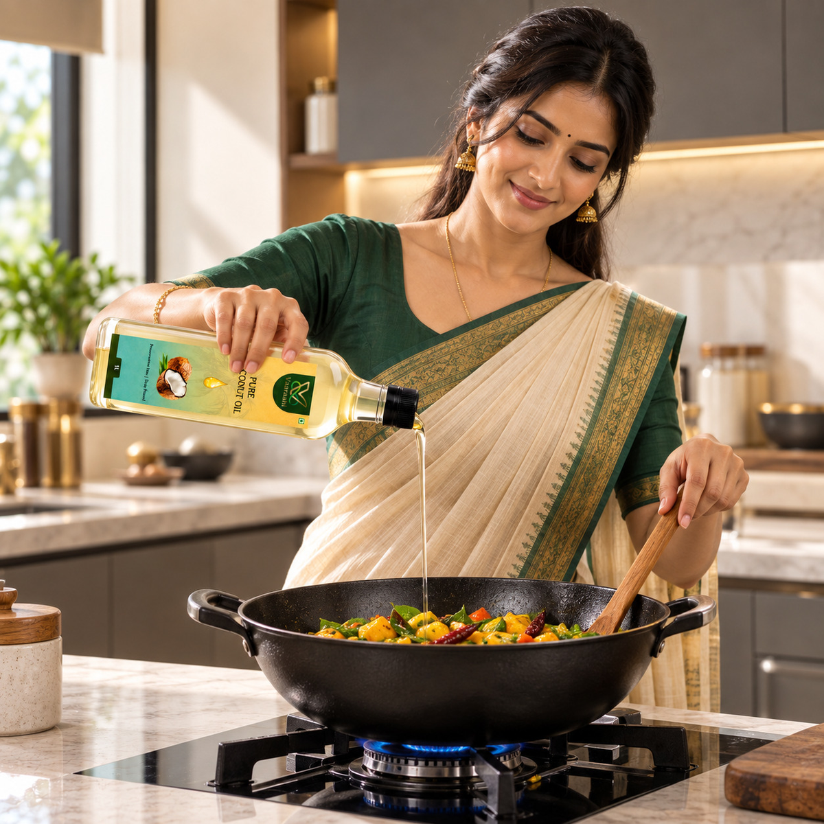 Woman in a saree pouring Vaaraahi Coconut Oil into a cooking wok