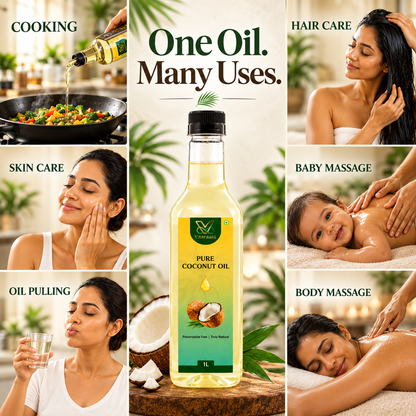Vaaraahi Coconut Oil uses for cooking, hair care, skin care, oil pulling, and massage
