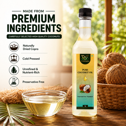 Vaaraahi Coconut Oil bottle with copra and information about traditional oil processing