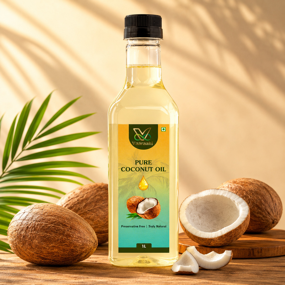 Vaaraahi Pure Coconut Oil bottle with whole and cut coconuts on a wooden surface