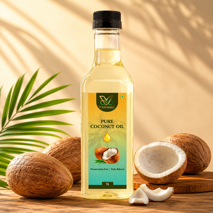Vaaraahi Pure Coconut Oil bottle with whole and cut coconuts on a wooden surface