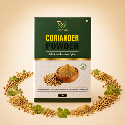 Vaaraahi Coriander Powder 200g with coriander seeds and fresh coriander leaves