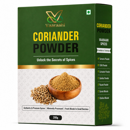 Vaaraahi Coriander Powder 200g box front and side view