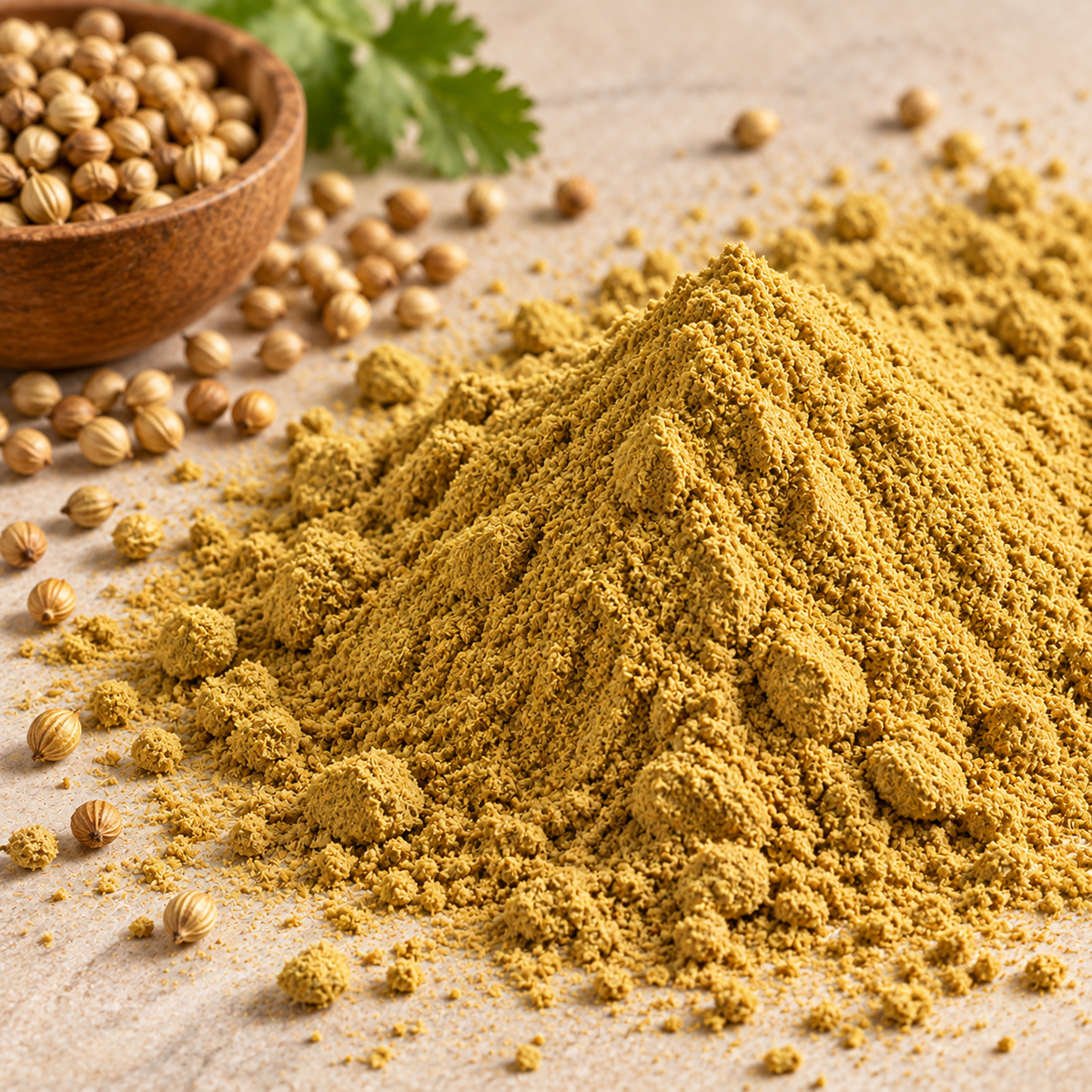 Close-up of Vaaraahi Coriander Powder with coriander seeds