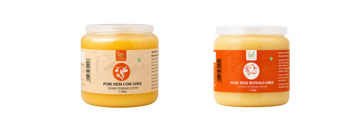 Vaaraahi Pure Desi Cow Ghee and Pure Desi Buffalo Ghee in 1 litre jars.