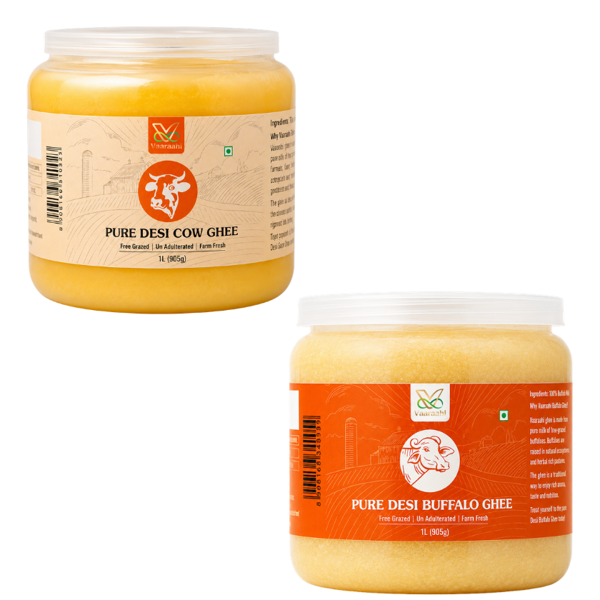 Vaaraahi Pure Desi Cow Ghee and Pure Desi Buffalo Ghee in 1 litre jars.
