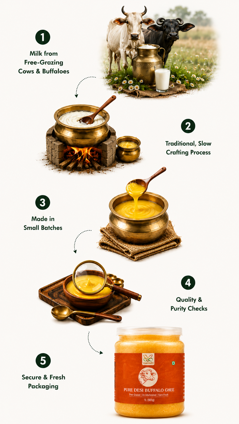 Illustrated Vaaraahi Desi Ghee journey from free-grazing cows and buffaloes through traditional slow preparation, small batches, purity checks and packaging.