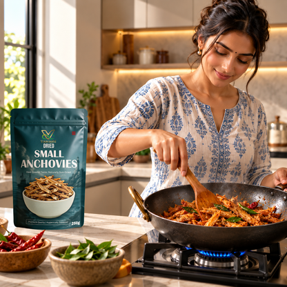 Cooking Vaaraahi Dried Anchovies in a traditional Indian kitchen