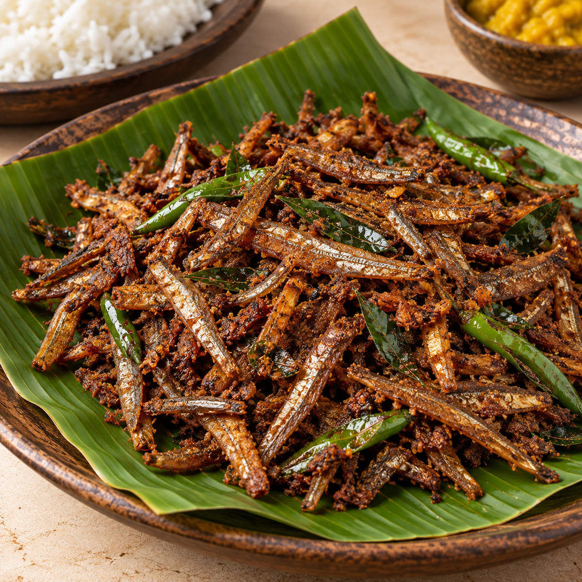 Dried Anchovies fry with curry leaves and green chillies