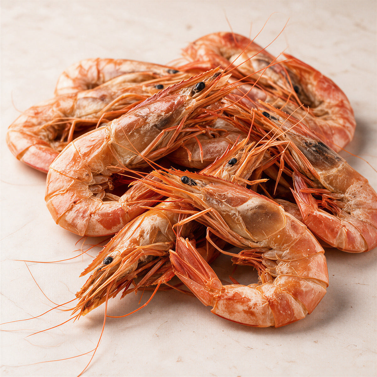 Close-up of naturally sun-dried big prawns