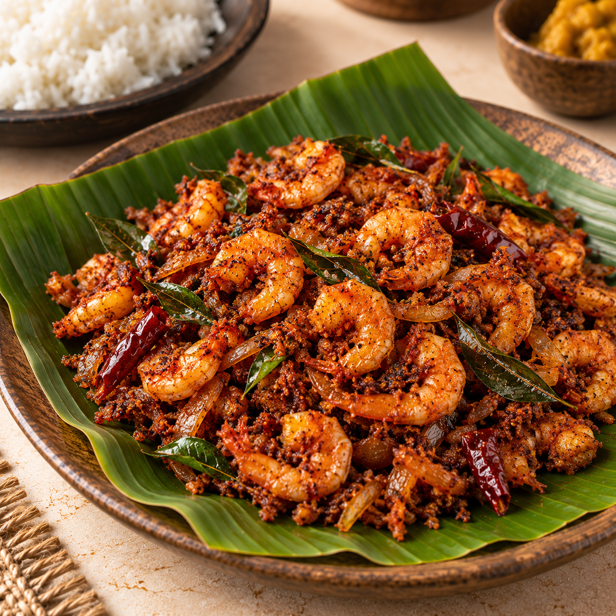 Dried Big Prawns fry with curry leaves and dried red chillies