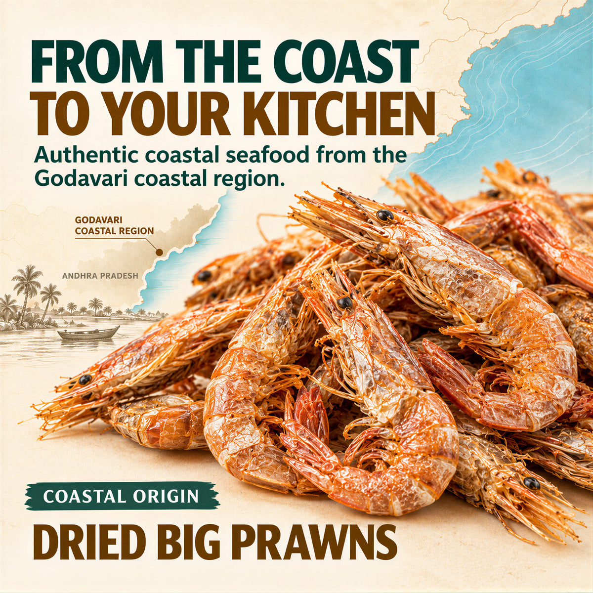 Dried Big Prawns sourced from the Godavari coastal region of Andhra Pradesh