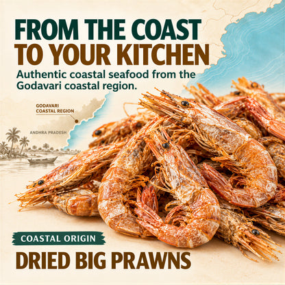 Dried Big Prawns sourced from the Godavari coastal region of Andhra Pradesh