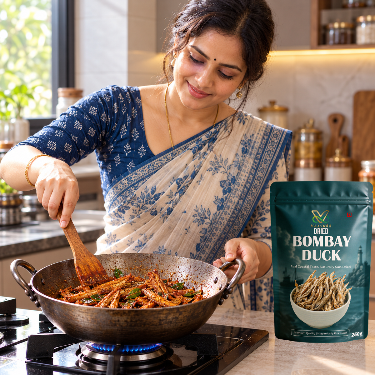 Cooking Vaaraahi Dried Bombay Duck in a traditional Indian kitchen