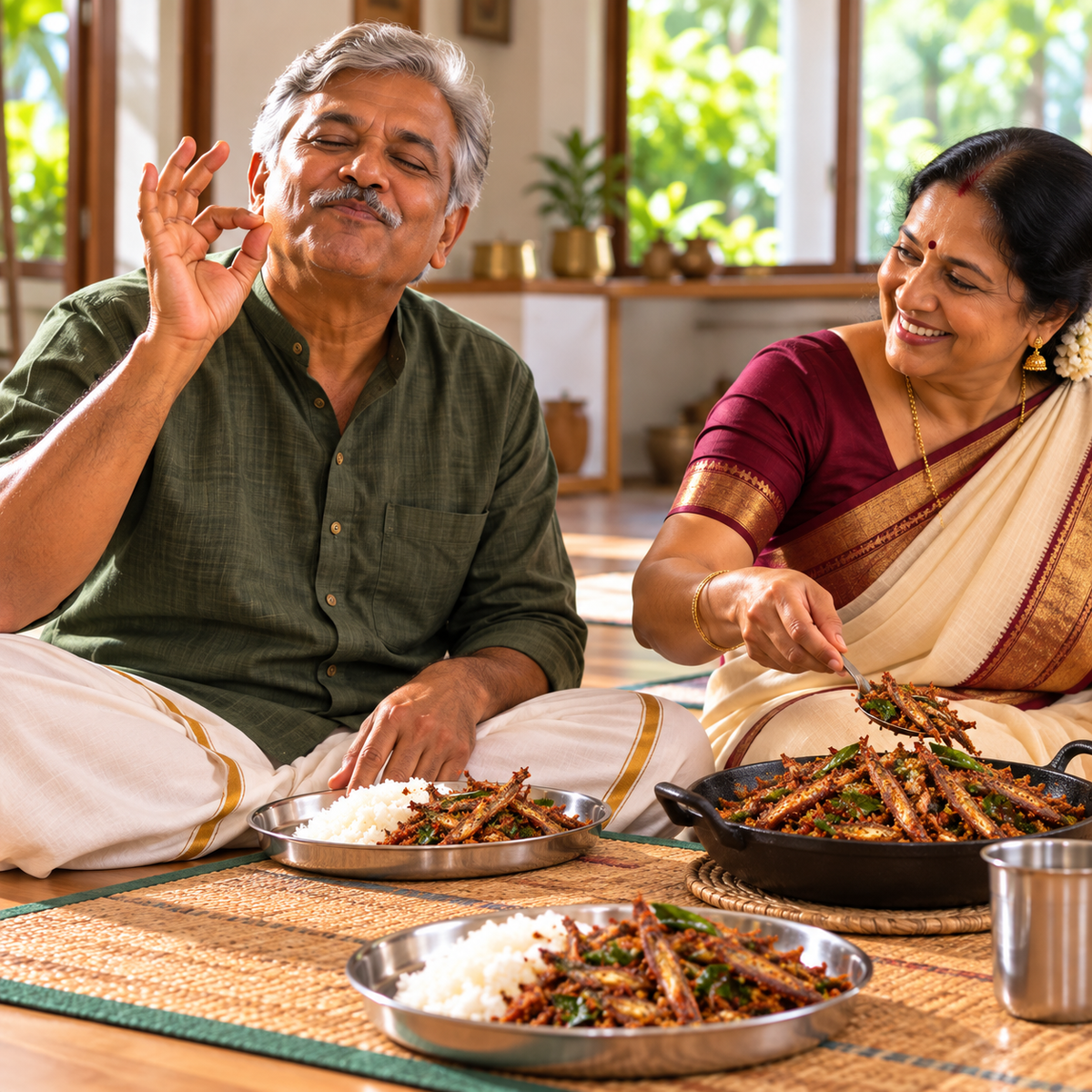 Dried Bombay Duck fry served with rice as a traditional Indian meal
