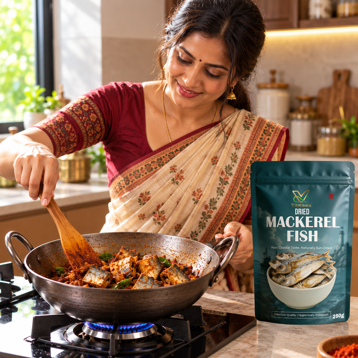 Cooking Vaaraahi Dried Mackerel Fish in a traditional Indian kitchen