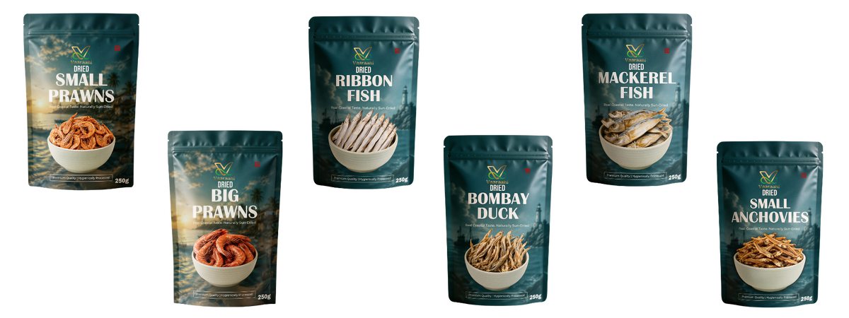 Vaaraahi Dried Seafood collection featuring Small Prawns, Big Prawns, Small Anchovies, Ribbon Fish, Bombay Duck and Mackerel Fish in 250g pouches.