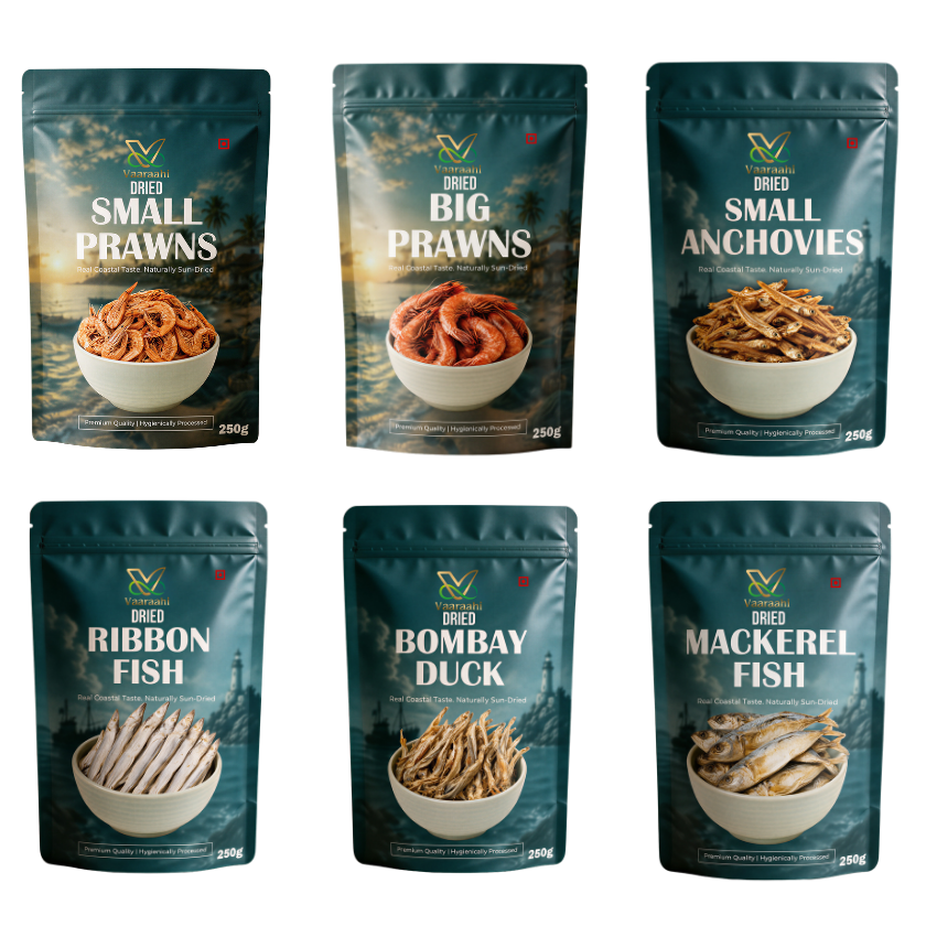Vaaraahi Dried Seafood collection featuring Small Prawns, Big Prawns, Small Anchovies, Ribbon Fish, Bombay Duck and Mackerel Fish in 250g pouches.