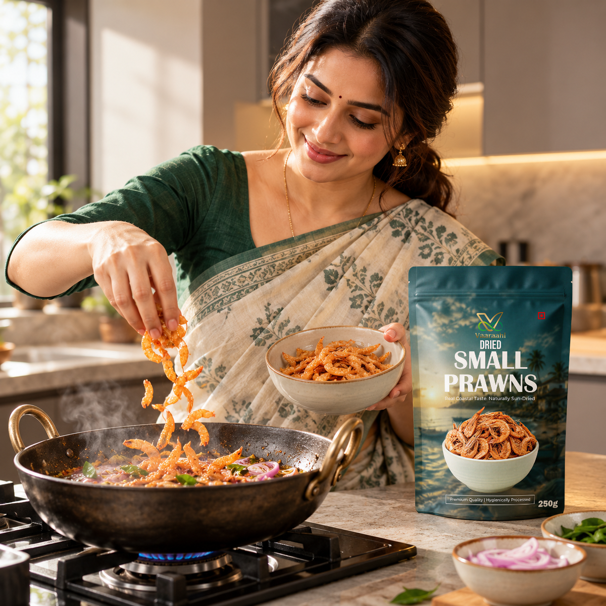 Cooking Vaaraahi Dried Small Prawns in a traditional Indian kitchen