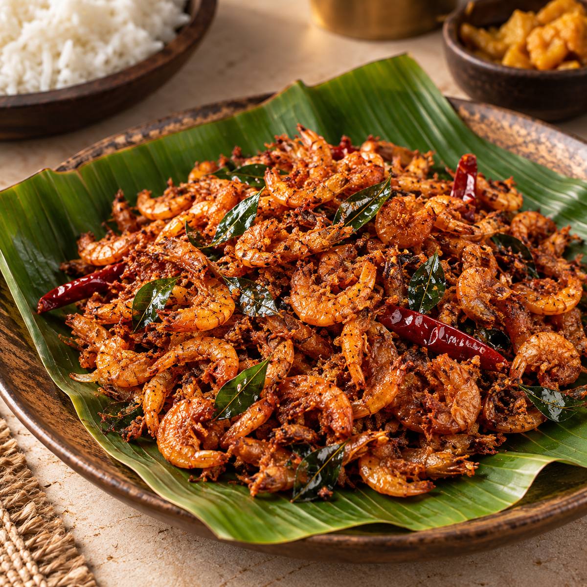 Dried Small Prawns fry with curry leaves and dried red chillies