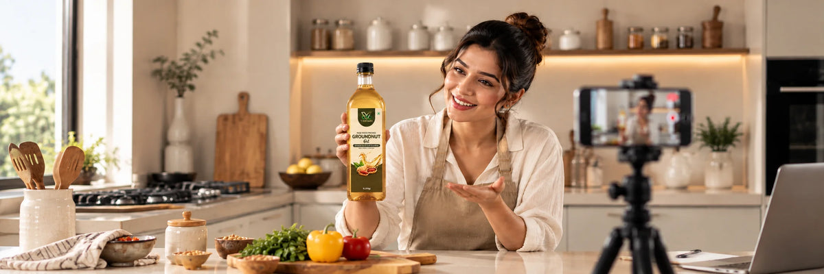 Content creator filming a Vaaraahi Foods product collaboration in a modern kitchen