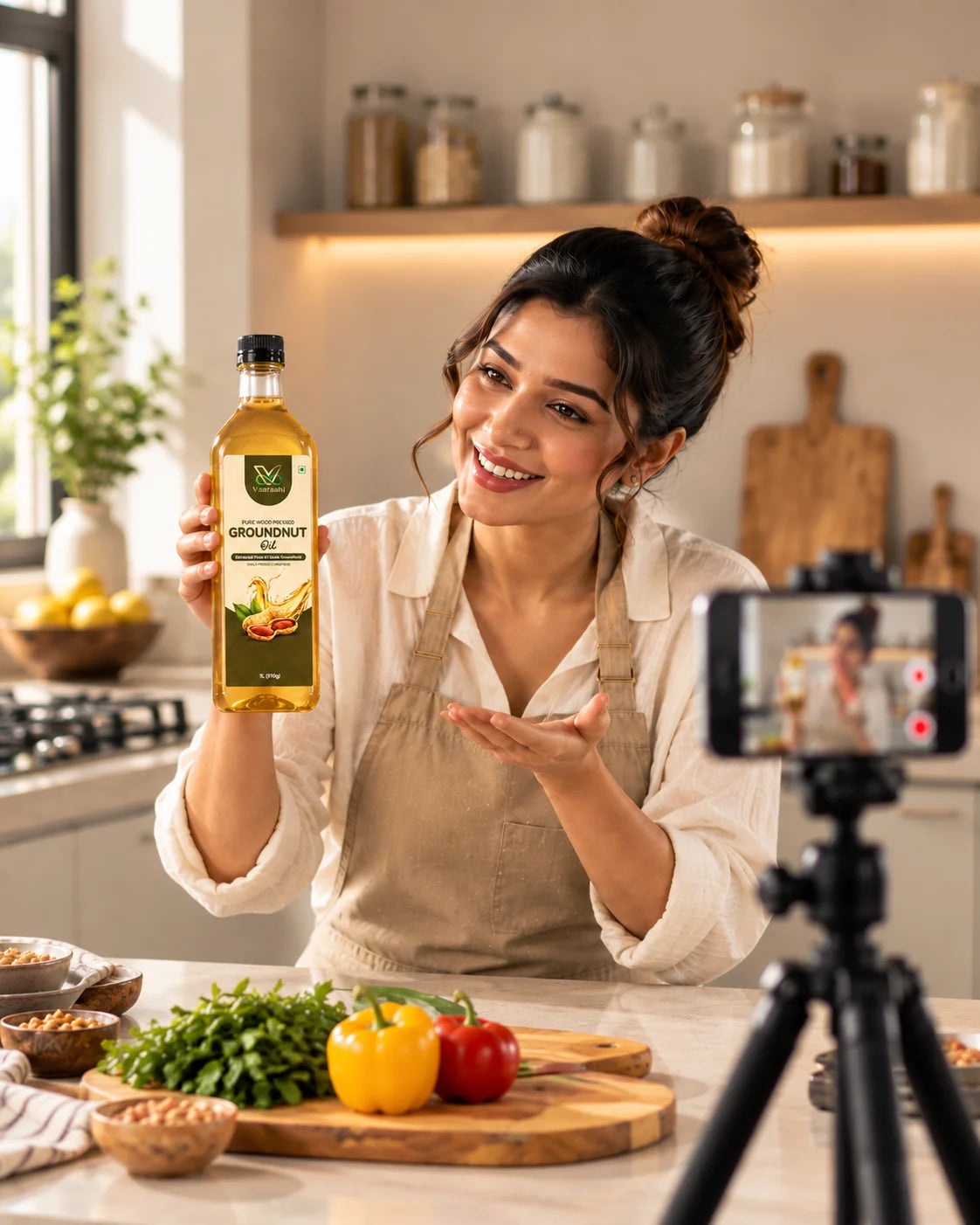 Content creator filming a Vaaraahi Foods product collaboration in a modern kitchen