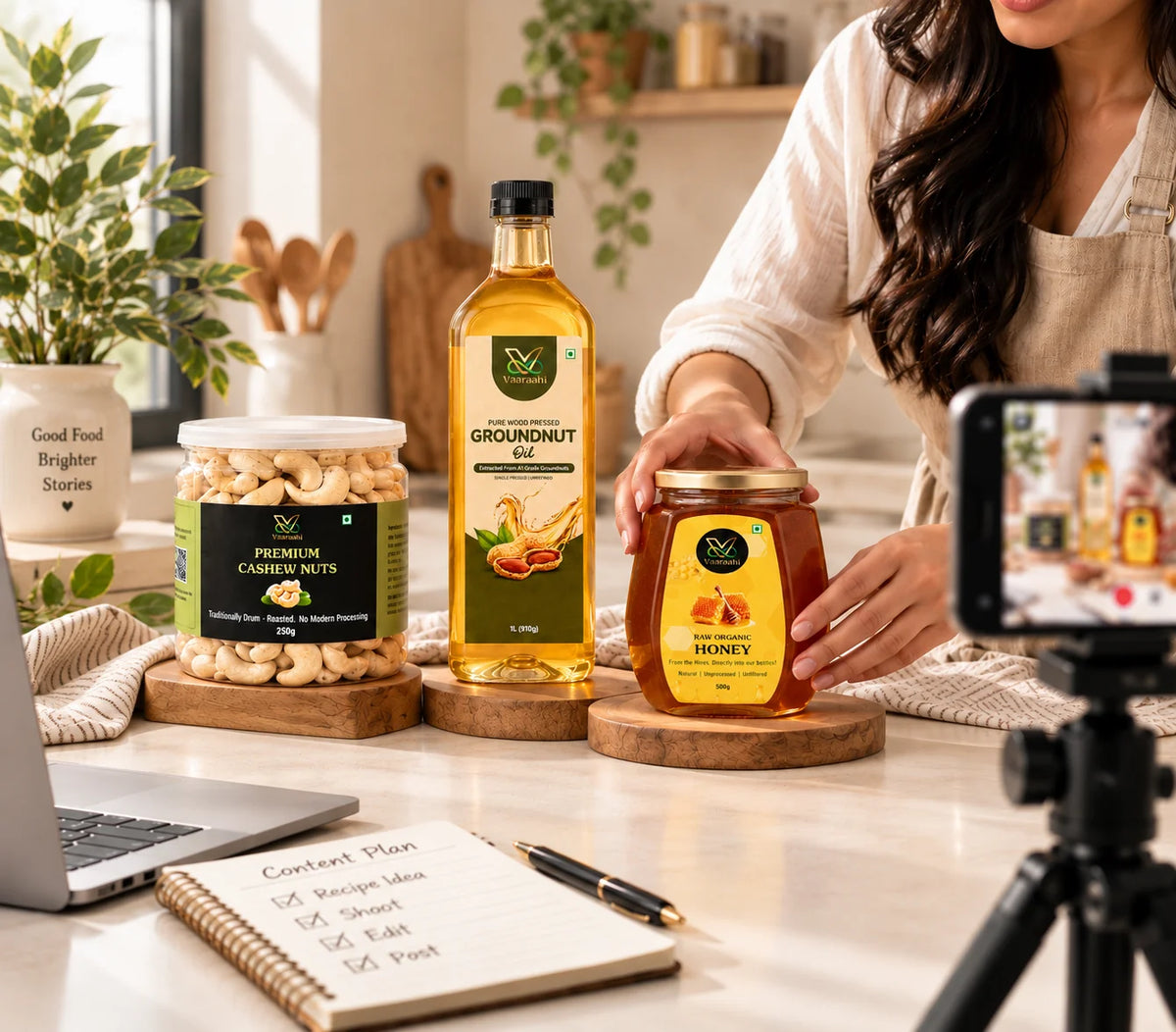 Creator planning and filming content featuring Vaaraahi Foods products