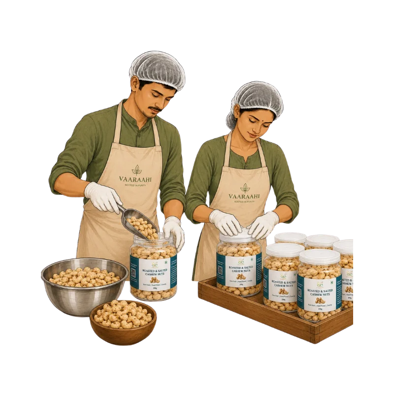 Vaaraahi workers hygienically packing cashew nuts into sealed food containers
