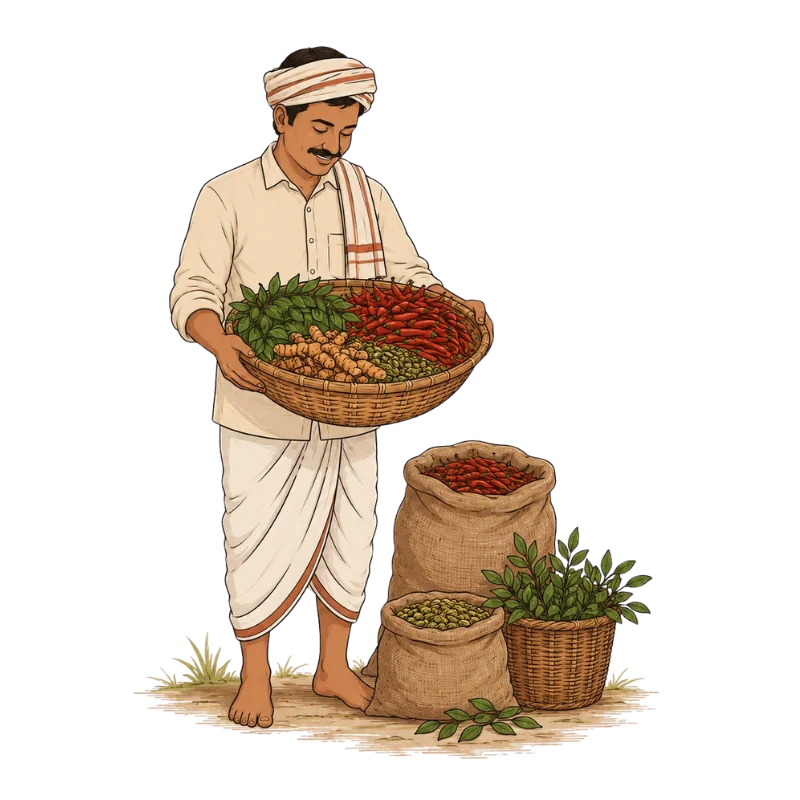 Indian farmer holding freshly sourced spices and agricultural produce