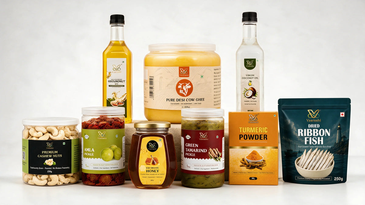 Vaaraahi Foods premium product collection featuring traditional oils, ghee, pickles, honey, spices, cashew nuts and dried fish
