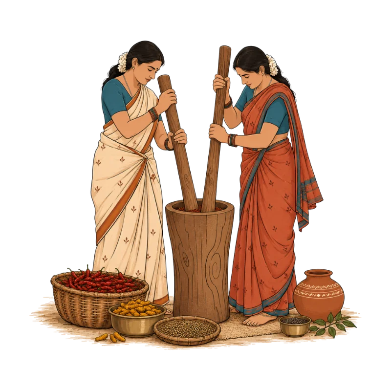 Indian women traditionally processing spices using a wooden mortar and pestle